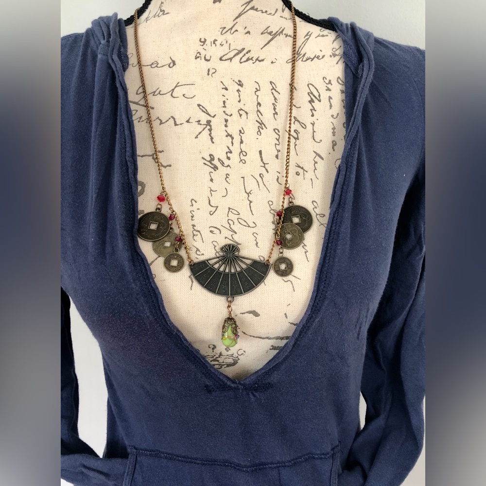 Coin and Fan glass bead Pendant Necklace